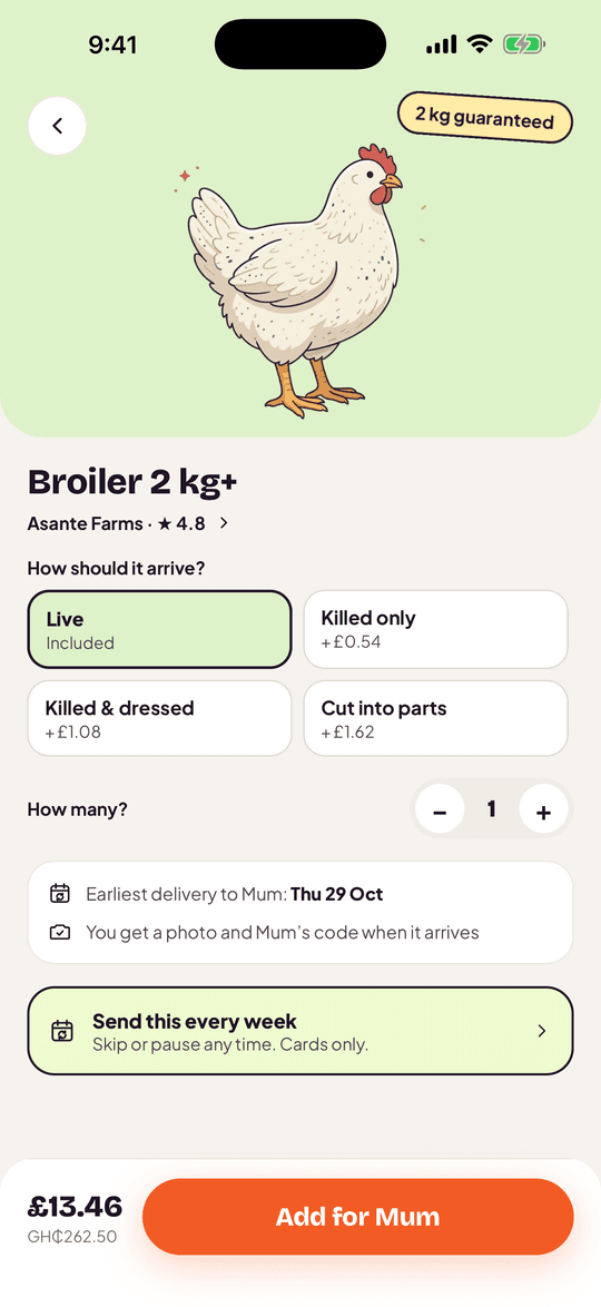 A broiler in Akokor with prep options and the earliest delivery date